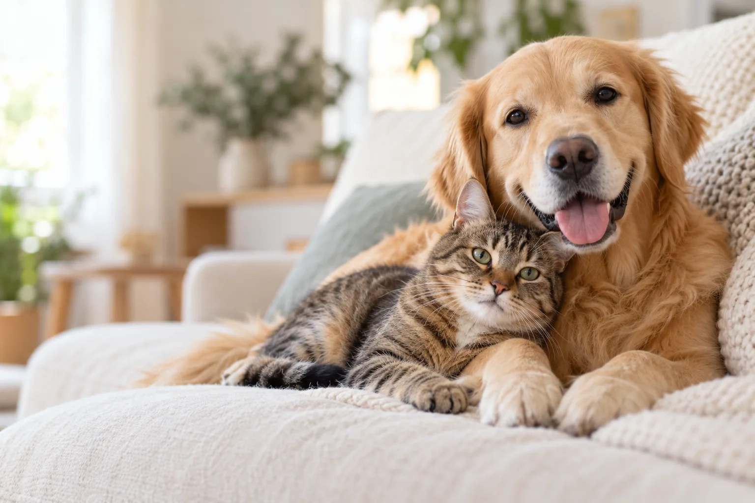 A dog and cat resting together at home